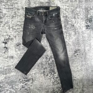 Diesel Mens 27 Thommer X Jeans Distressed Faded Black Grey Slim Fit Denim
